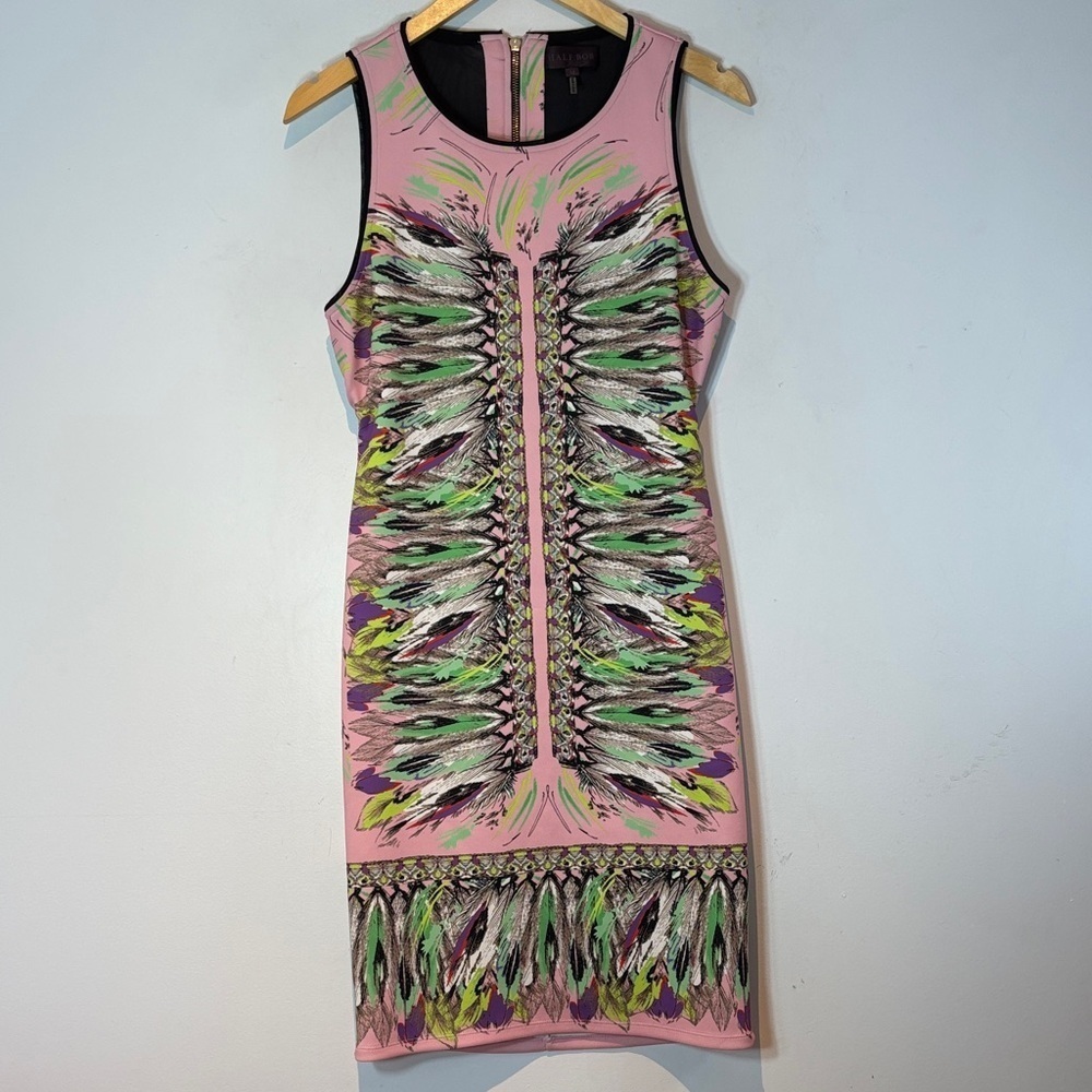 Hale Bob Pink Feather Print Dress Women  Sleeveless cut out back size medium - Picture 3 of 10